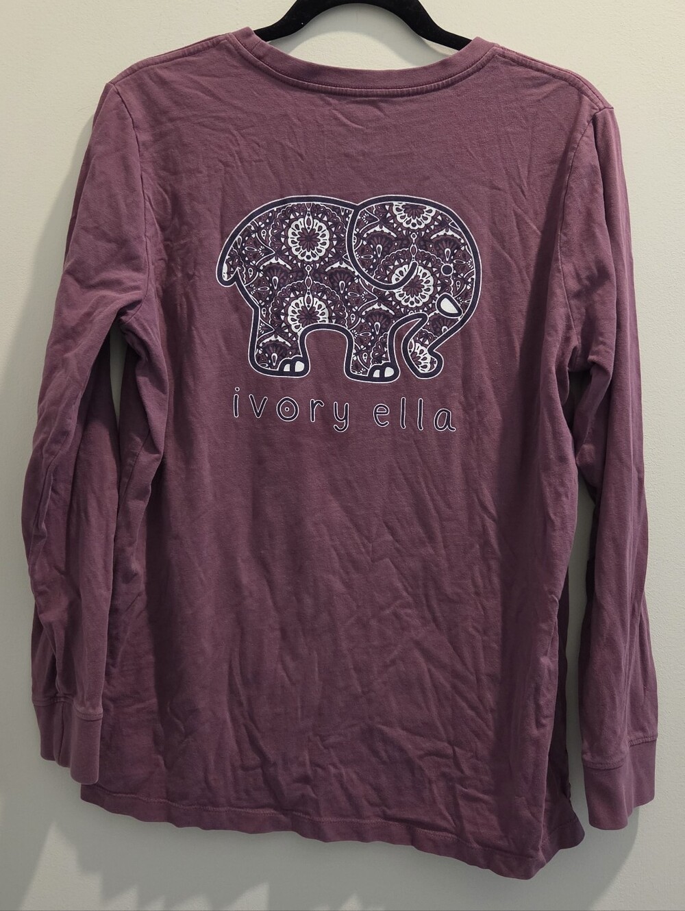 100% Cotton Ivory Ella Purple Long Sleeve Shirt Elephant Graphic Tee